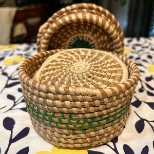Handwoven Natural Basket with Green Accents and 4 coasters.